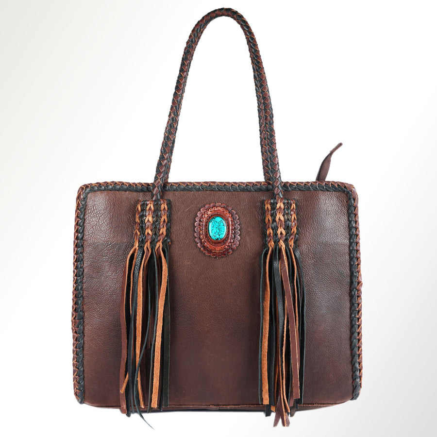 American Darling Tote Bag Western Genuine Leather Handcrafted Bag with Turquoise Stone, Fringes and Braided Edges