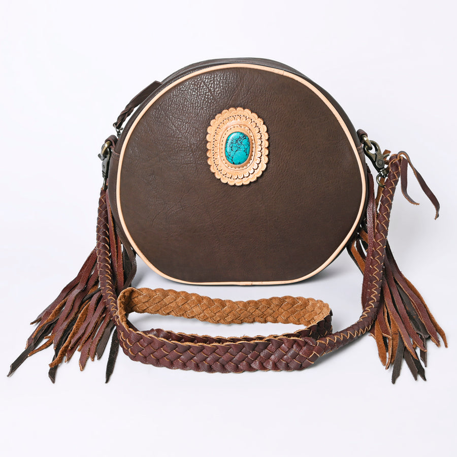 American Darling Canteen Bag Western Genuine Leather Handcrafted Round Purse with Fringes and Turquoise Stone