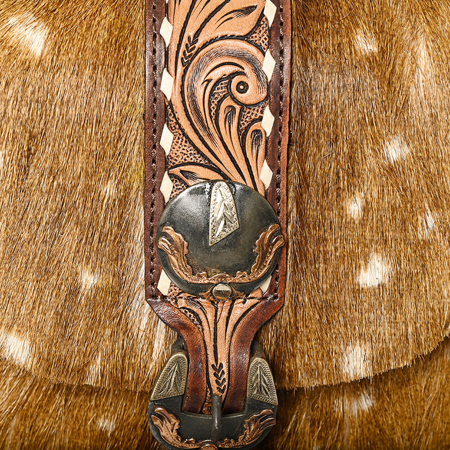 American Darling Hair-on and Hand-Tooled Genuine Leather Western Crossbody Bag with Adjustable Strap 7in (H) X 8in (W) X 3in (D)