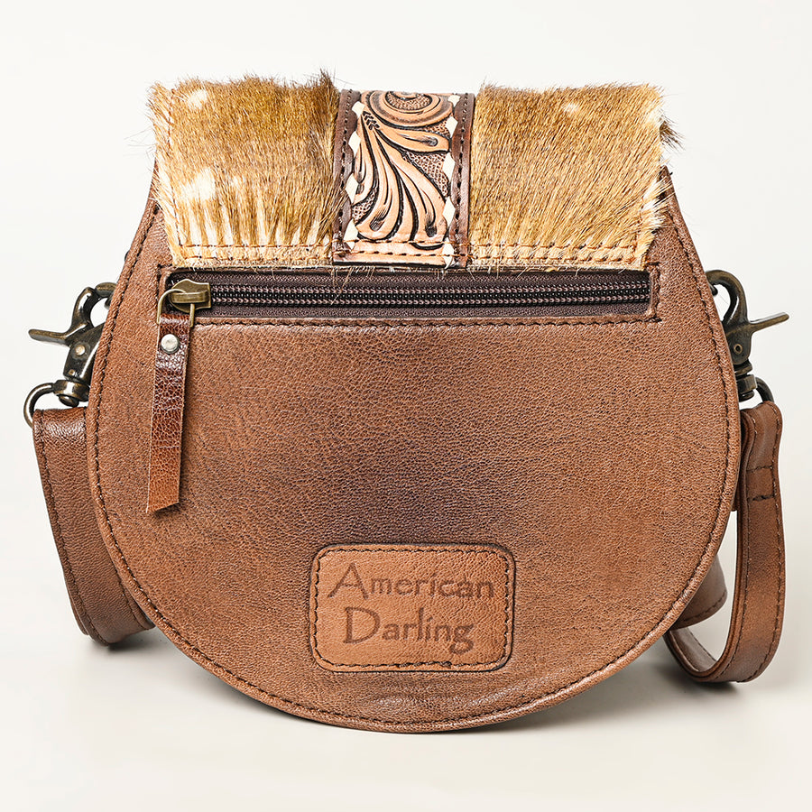 American Darling Hair-on and Hand-Tooled Genuine Leather Western Crossbody Bag with Adjustable Strap 7in (H) X 8in (W) X 3in (D)