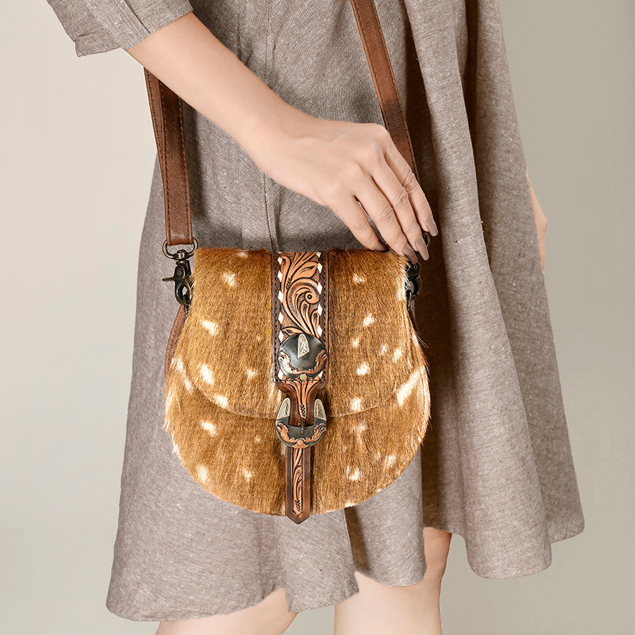 American Darling Hair-on and Hand-Tooled Genuine Leather Western Crossbody Bag with Adjustable Strap 7in (H) X 8in (W) X 3in (D)