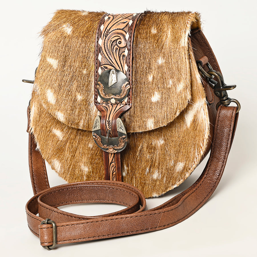 American Darling Hair-on and Hand-Tooled Genuine Leather Western Crossbody Bag with Adjustable Strap 7in (H) X 8in (W) X 3in (D)
