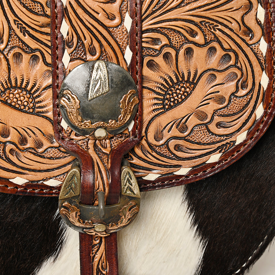 American Darling Hair-on and Hand-Tooled Genuine Leather Western Crossbody Bag with Adjustable Strap 7in (H) X 8in (W) X 3in (D)