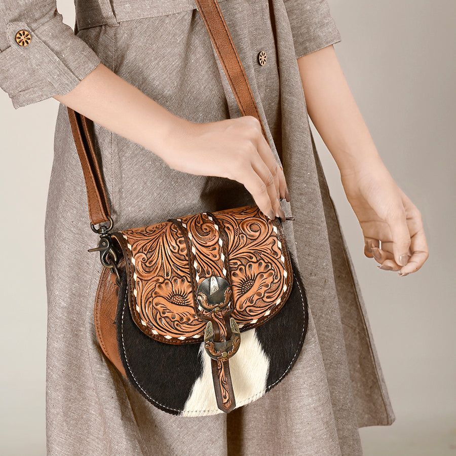 American Darling Hair-on and Hand-Tooled Genuine Leather Western Crossbody Bag with Adjustable Strap 7in (H) X 8in (W) X 3in (D)