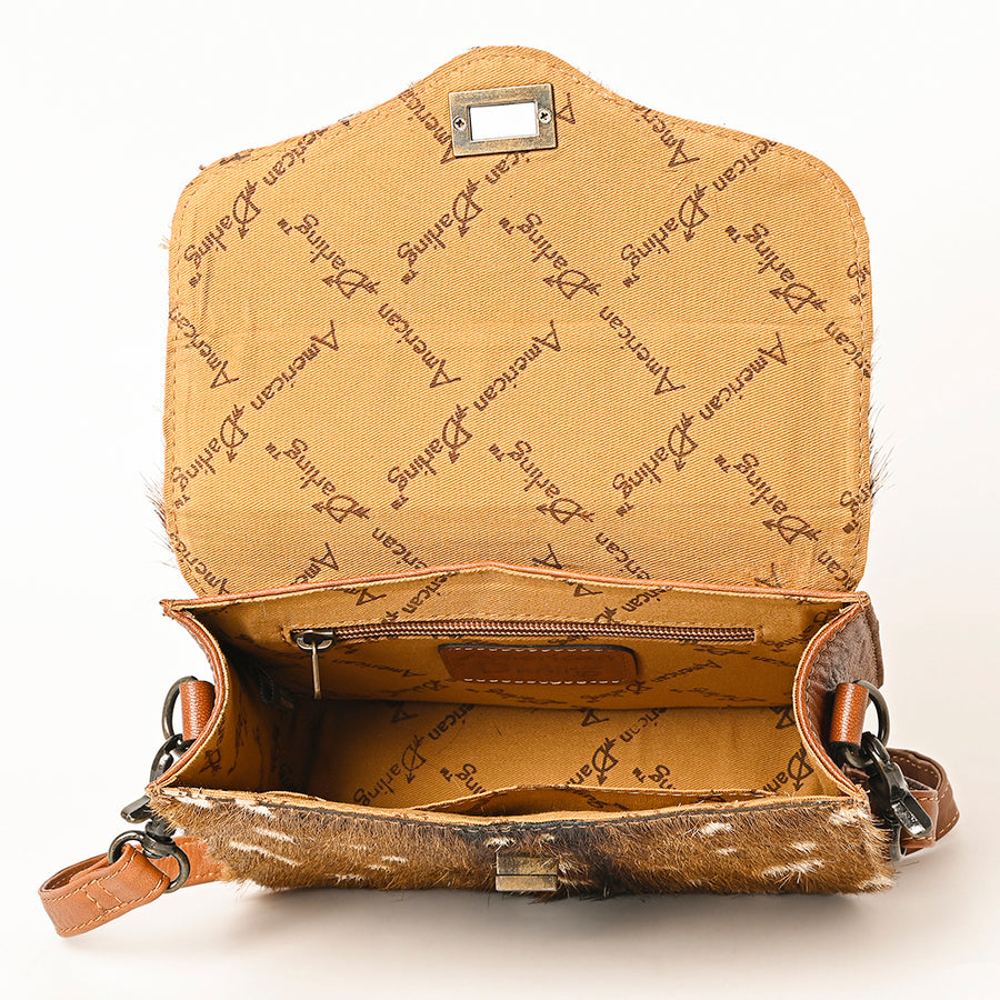 American Darling Hair-On Cowhide Genuine Leather Western Crossbody Bag with Interior Pockets 6in (H) X 9in (W) X 2.5in (D)