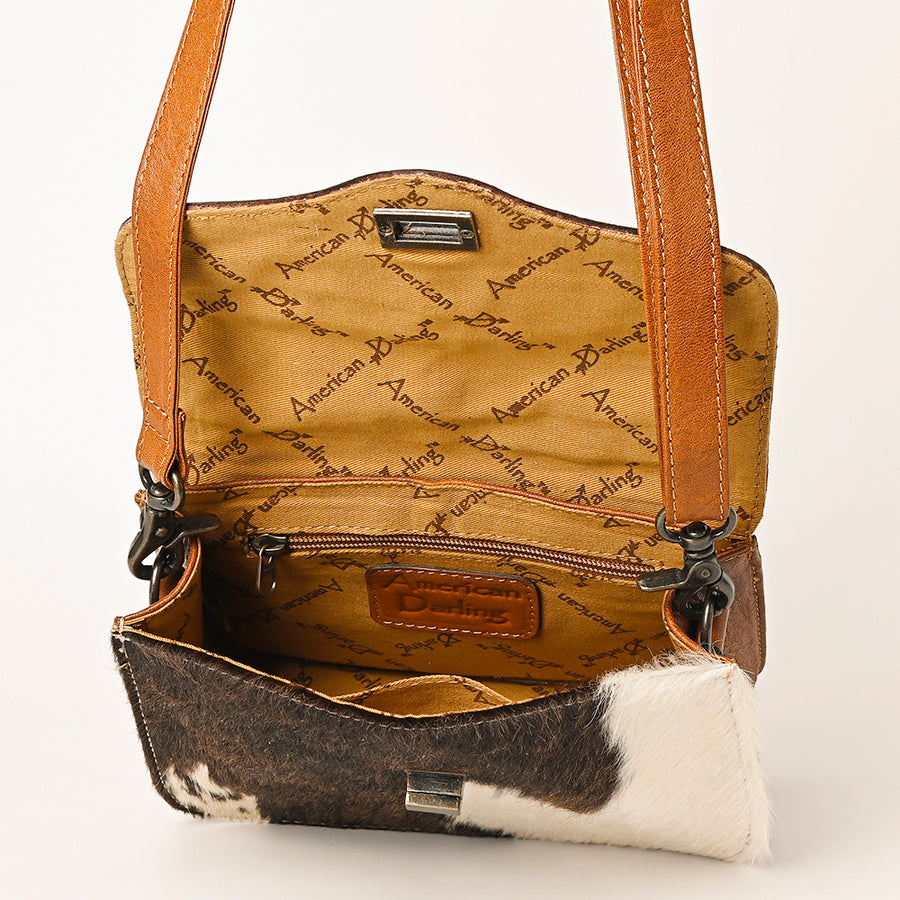 American Darling Hair-On Cowhide Genuine Leather Western Crossbody Bag with Interior Pockets 6in (H) X 9in (W) X 2.5in (D)