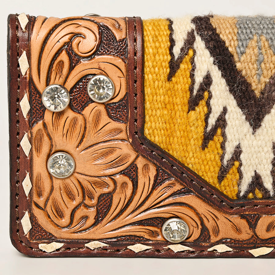 American Darling Hand-Tooled Genuine Leather Wallet Bag with Woven Saddle Blanket Panel 4.5in (H) X 8in (W)