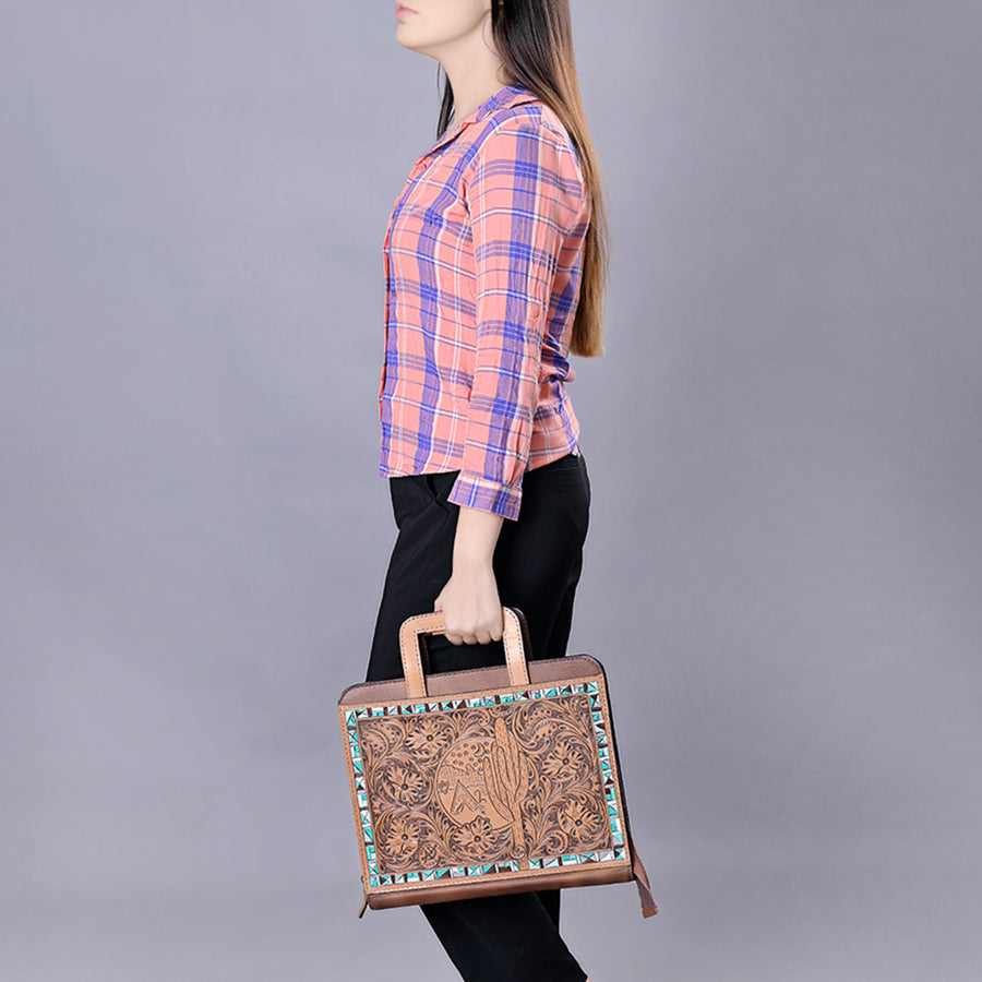 American Darling Western Briefcase Bag Hand Tooled Floral Carved Genuine Leather Office Organizer 10.5in (H) X 13in (W) X 1.5in (D)
