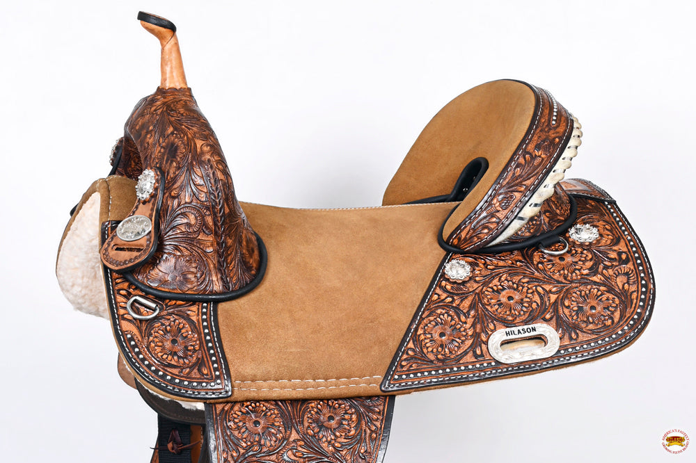 HILASON Western Horse Treeless Trail Barrel American Leather Saddle Brown
