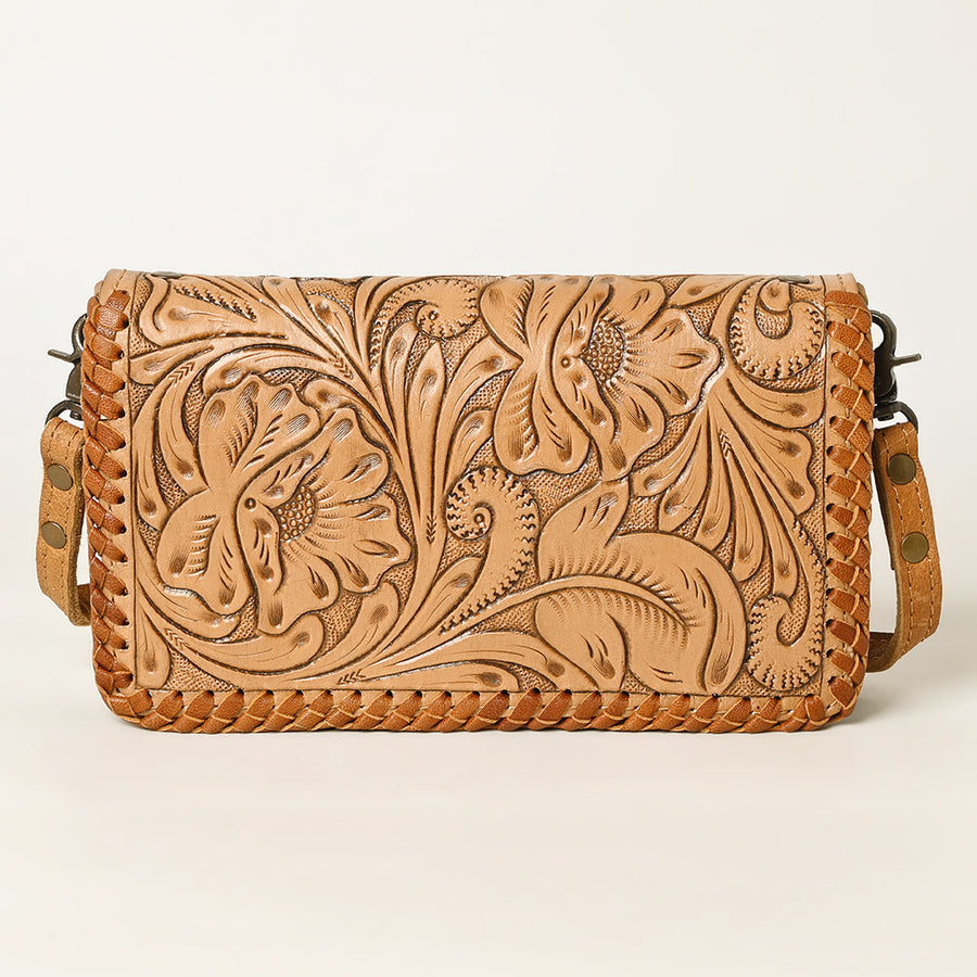 American Darling Western Hand-Tooled Leather Clutch Bag with Floral Carving and Premium Genuine Leather