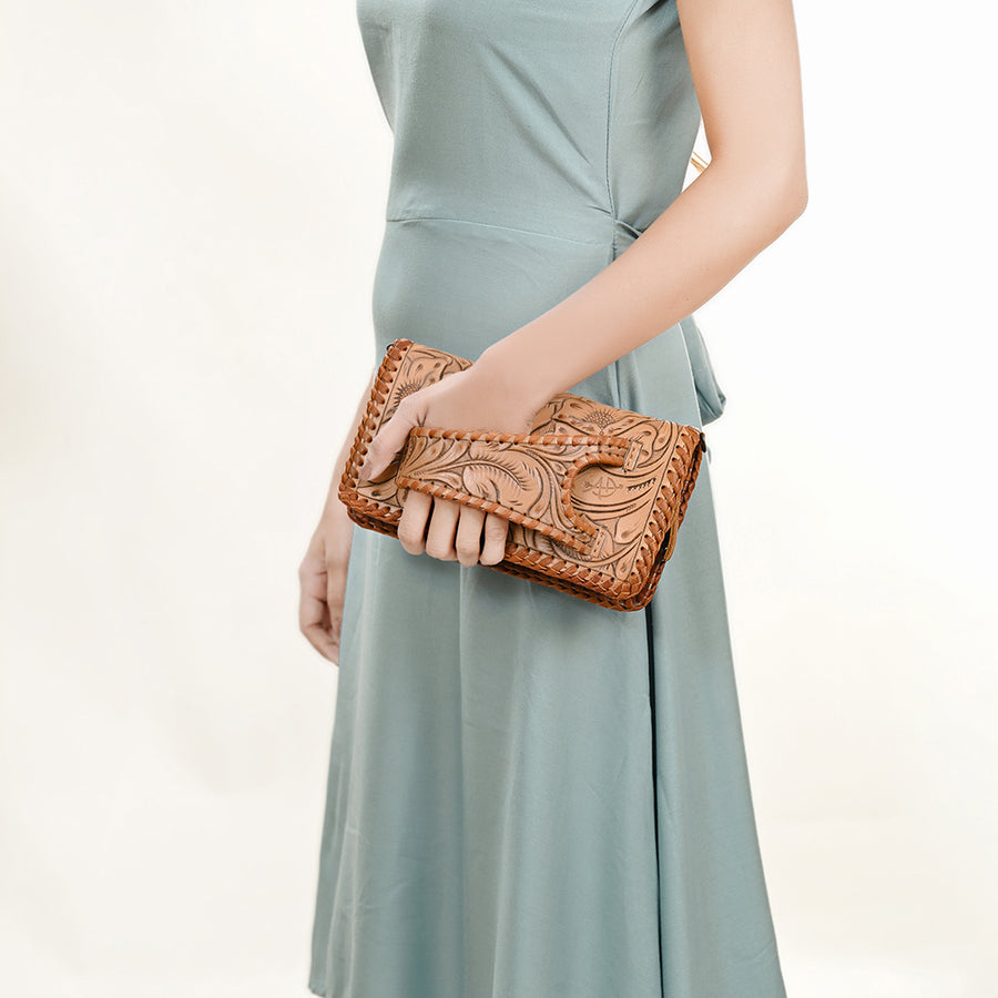 American Darling Western Hand-Tooled Leather Clutch Bag with Floral Carving and Premium Genuine Leather
