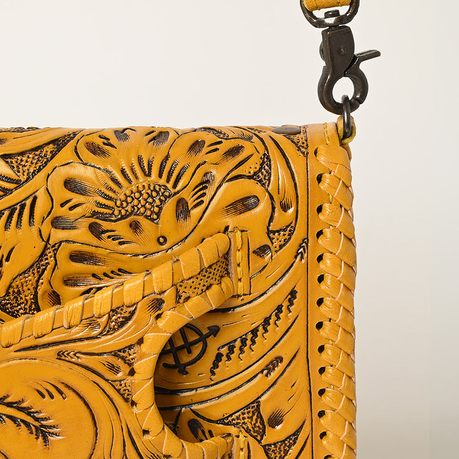 American Darling Western Hand-Tooled Leather Clutch Bag with Floral Carving and Premium Genuine Leather