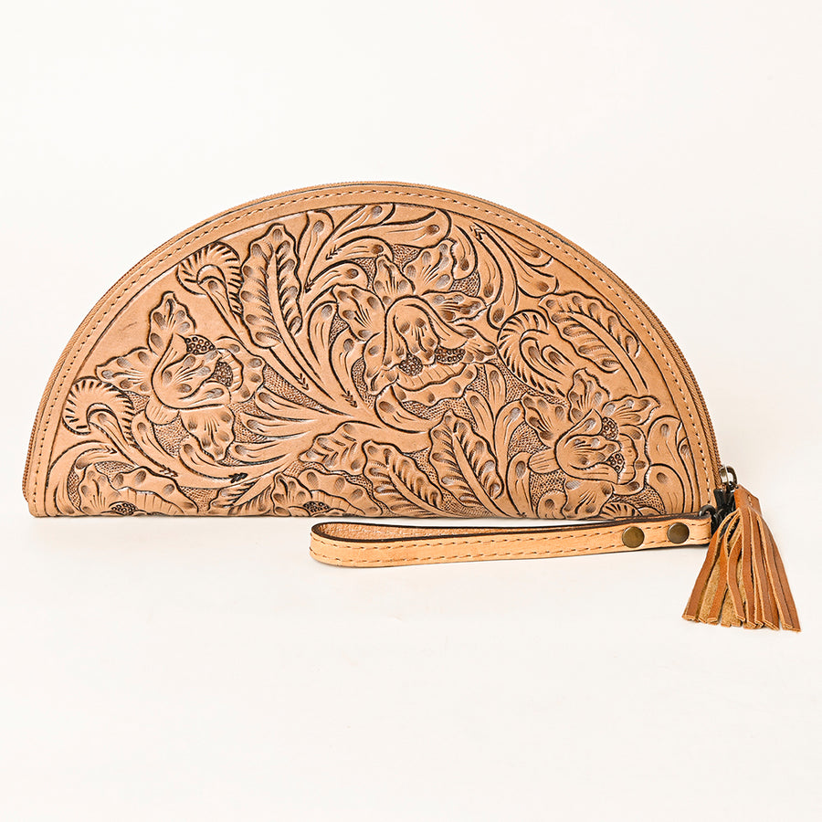 American Darling Western Hand-Tooled Leather Taco Bag for Women – Genuine Floral Carved Wristlet with Fringe Details