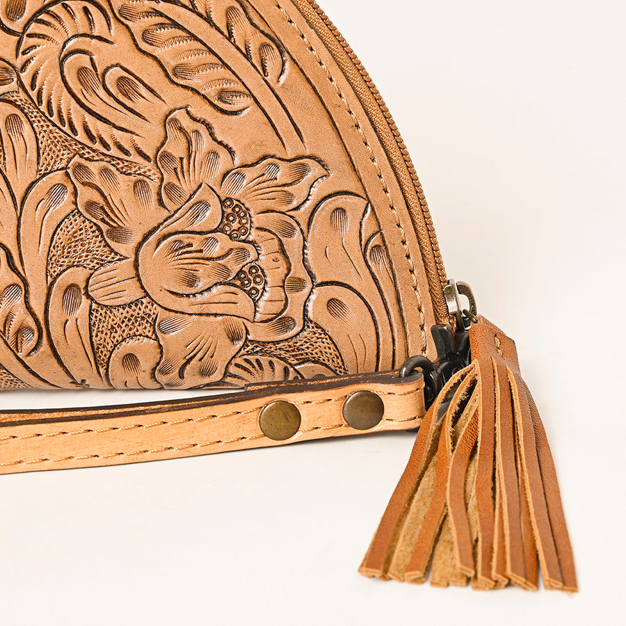American Darling Western Hand-Tooled Leather Taco Bag for Women – Genuine Floral Carved Wristlet with Fringe Details