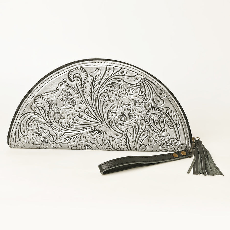 American Darling Western Hand-Tooled Leather Taco Bag for Women – Genuine Floral Carved Wristlet with Fringe Details