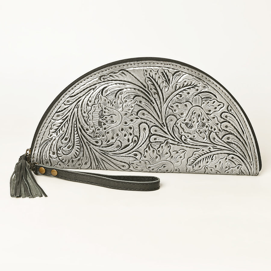 American Darling Western Hand-Tooled Leather Taco Bag for Women – Genuine Floral Carved Wristlet with Fringe Details