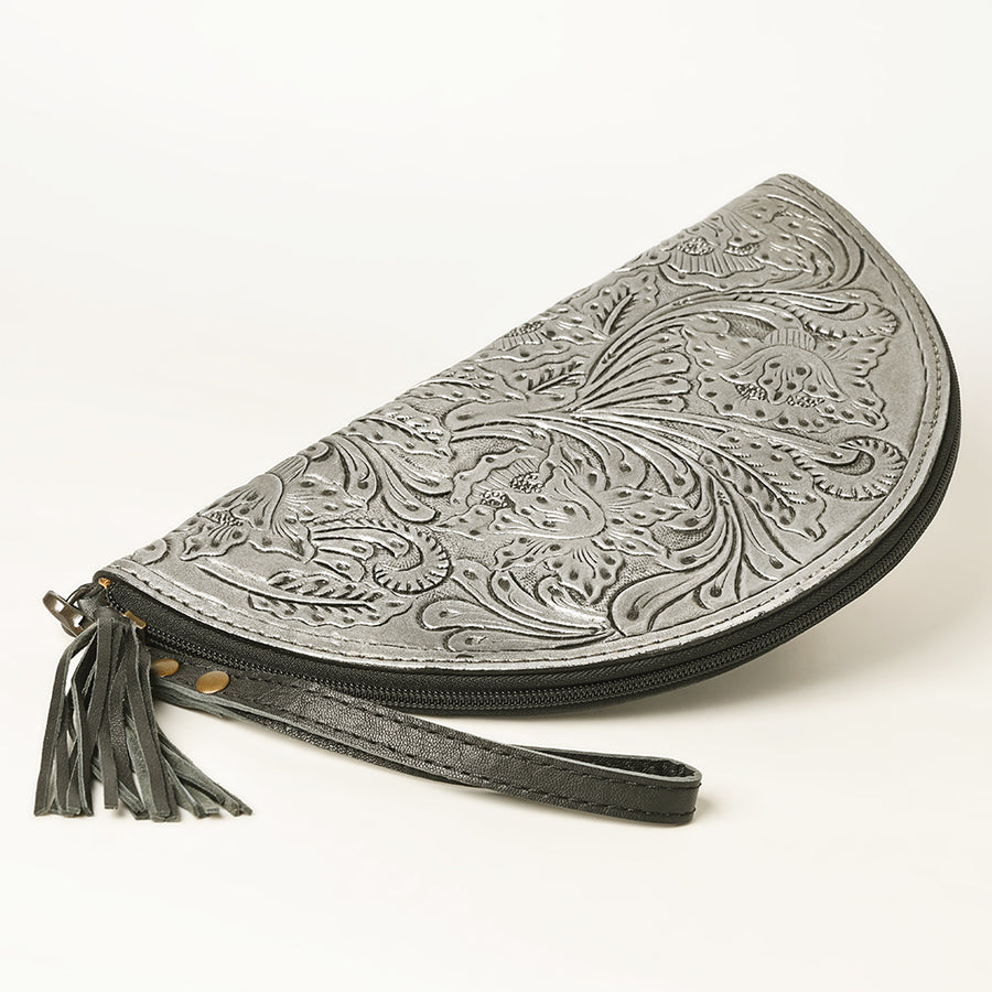 American Darling Western Hand-Tooled Leather Taco Bag for Women – Genuine Floral Carved Wristlet with Fringe Details