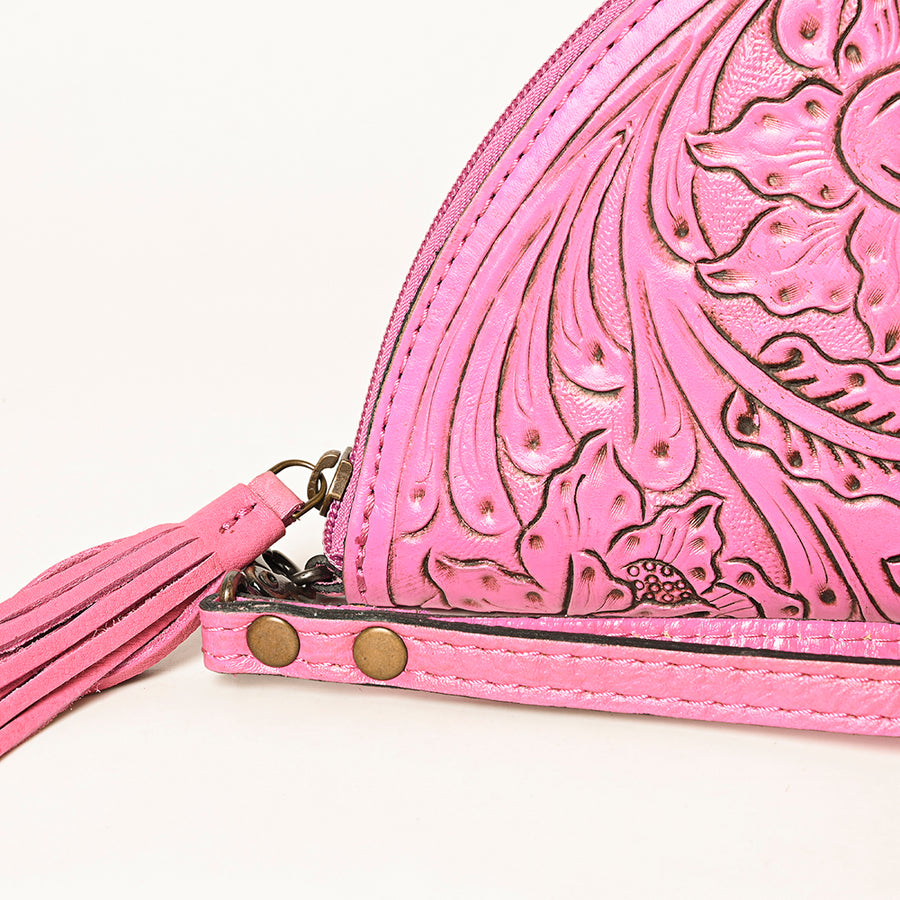 American Darling Western Hand-Tooled Leather Taco Bag for Women – Genuine Floral Carved Wristlet with Fringe Details