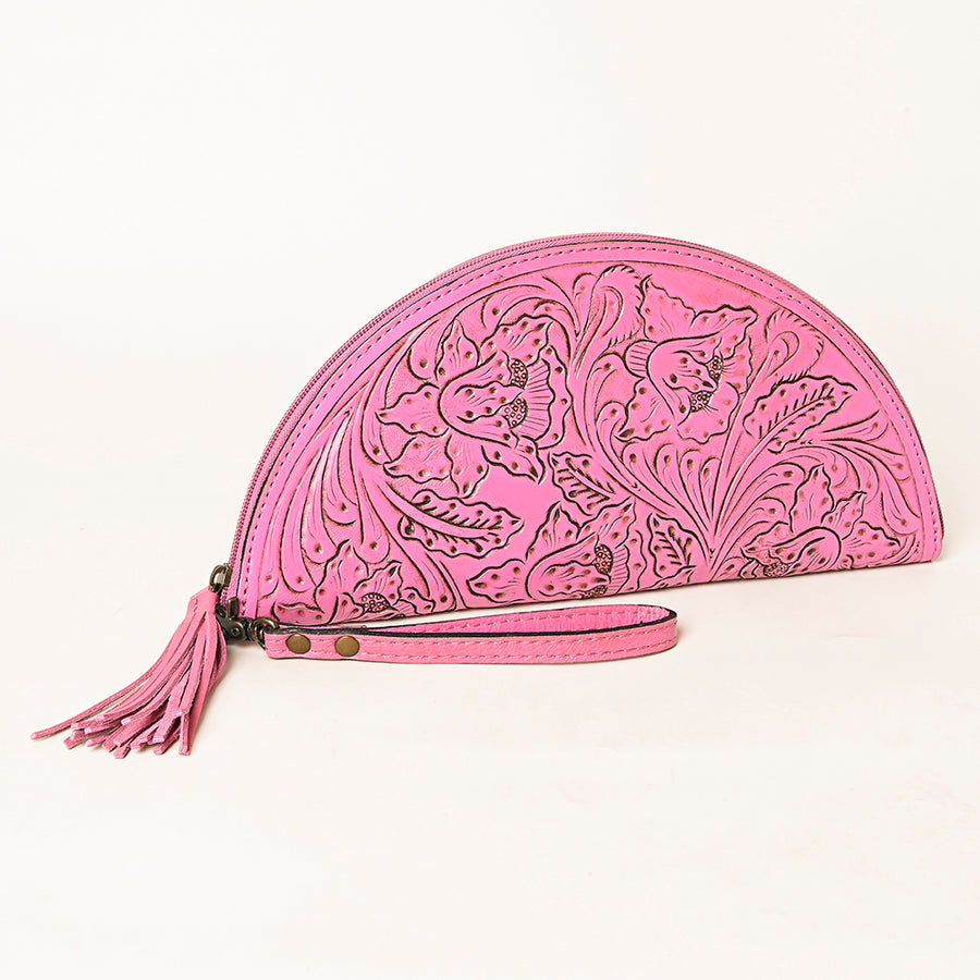 American Darling Western Hand-Tooled Leather Taco Bag for Women – Genuine Floral Carved Wristlet with Fringe Details