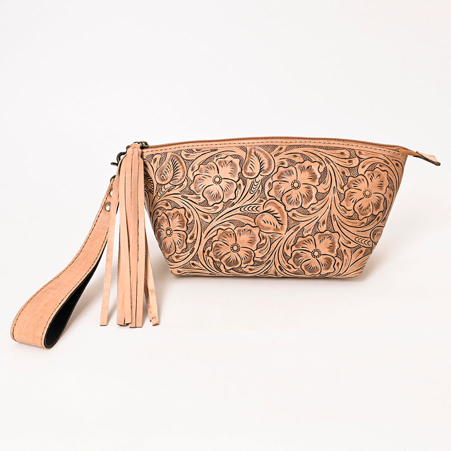 American Darling Western Hand-Tooled Leather Wristlet Bag – Genuine Floral Carved Women’s Clutch with Fringe Strap