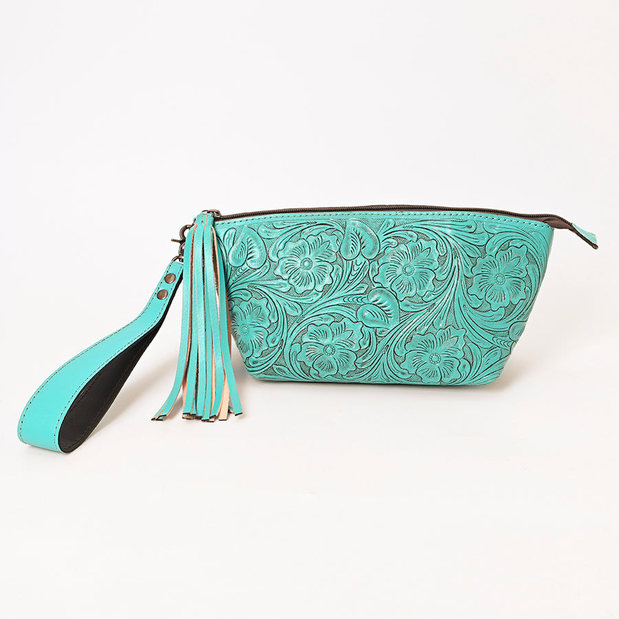 American Darling Western Hand-Tooled Leather Wristlet Bag – Genuine Floral Carved Women’s Clutch with Fringe Strap
