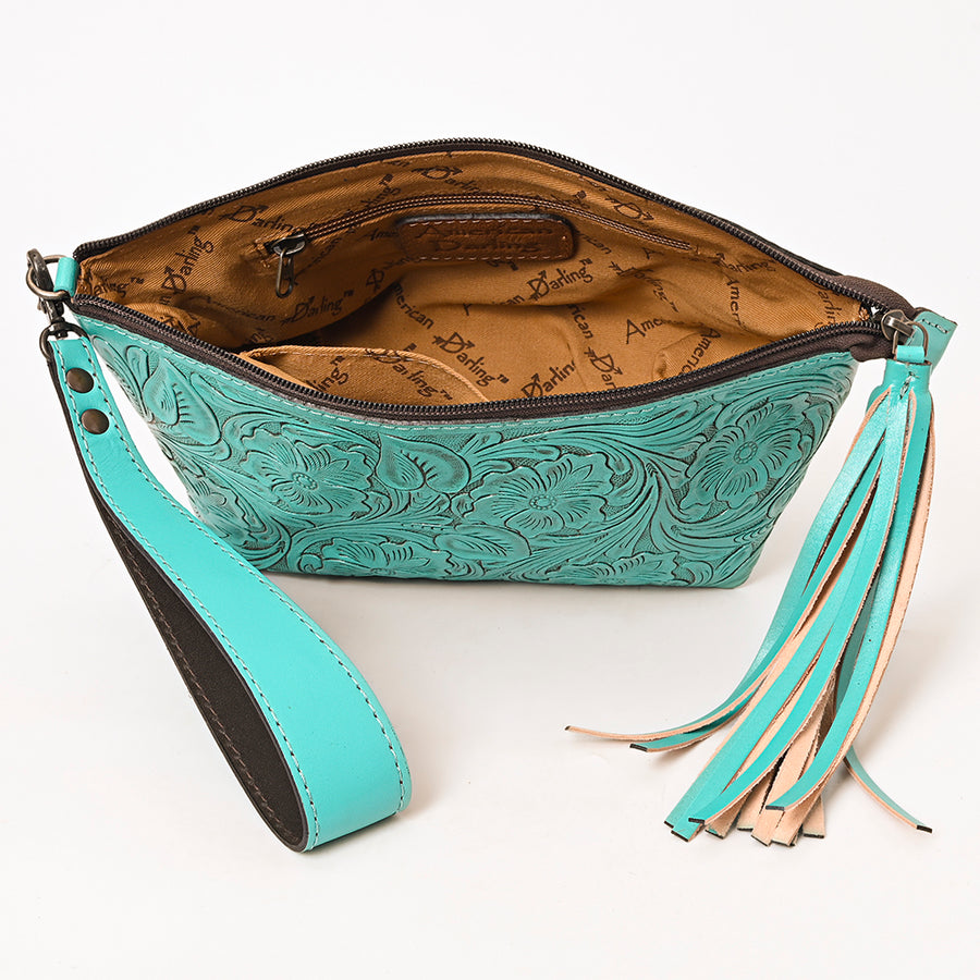 American Darling Western Hand-Tooled Leather Wristlet Bag – Genuine Floral Carved Women’s Clutch with Fringe Strap
