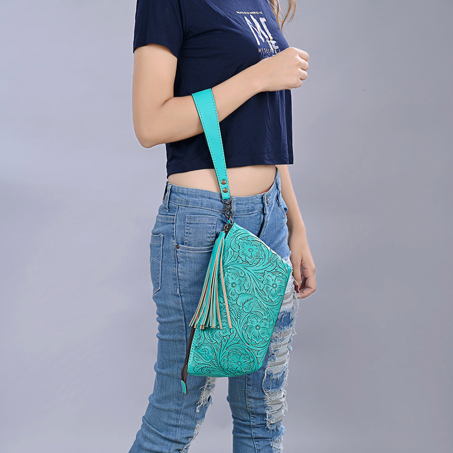 American Darling Western Hand-Tooled Leather Wristlet Bag – Genuine Floral Carved Women’s Clutch with Fringe Strap