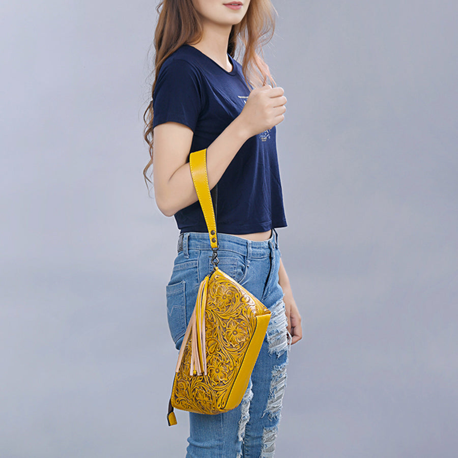 American Darling Western Hand-Tooled Leather Wristlet Bag – Genuine Floral Carved Women’s Clutch with Fringe Strap