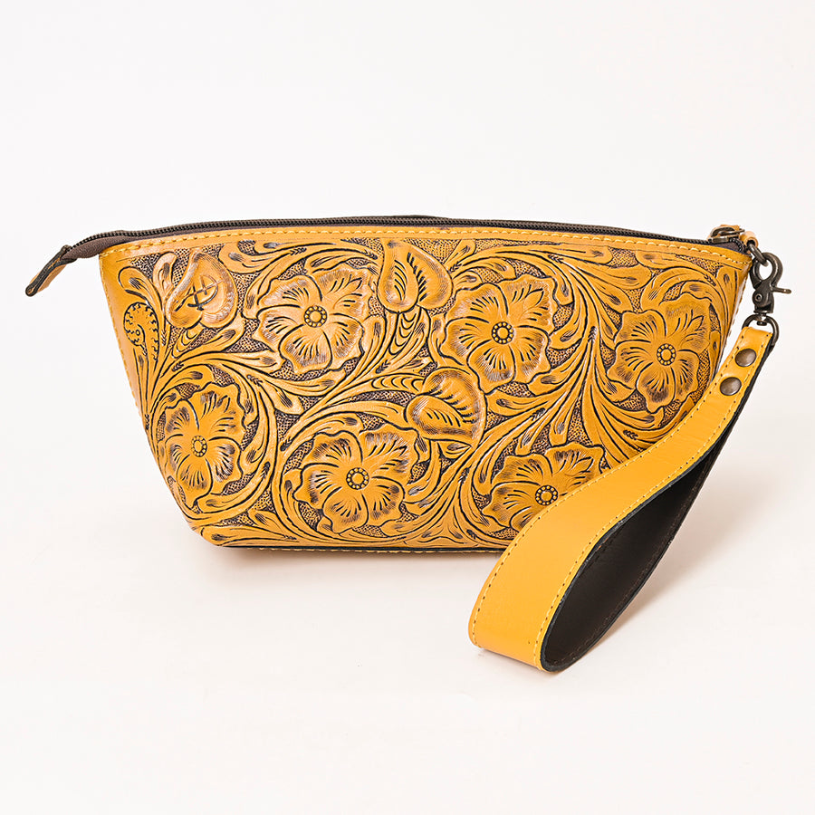 American Darling Western Hand-Tooled Leather Wristlet Bag – Genuine Floral Carved Women’s Clutch with Fringe Strap
