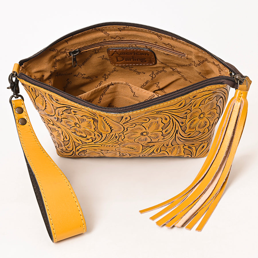 American Darling Western Hand-Tooled Leather Wristlet Bag – Genuine Floral Carved Women’s Clutch with Fringe Strap