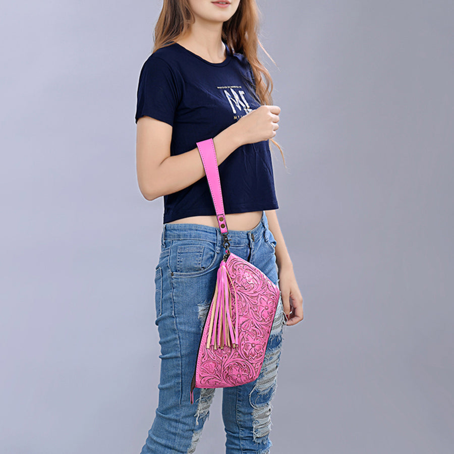 American Darling Western Hand-Tooled Leather Wristlet Bag – Genuine Floral Carved Women’s Clutch with Fringe Strap