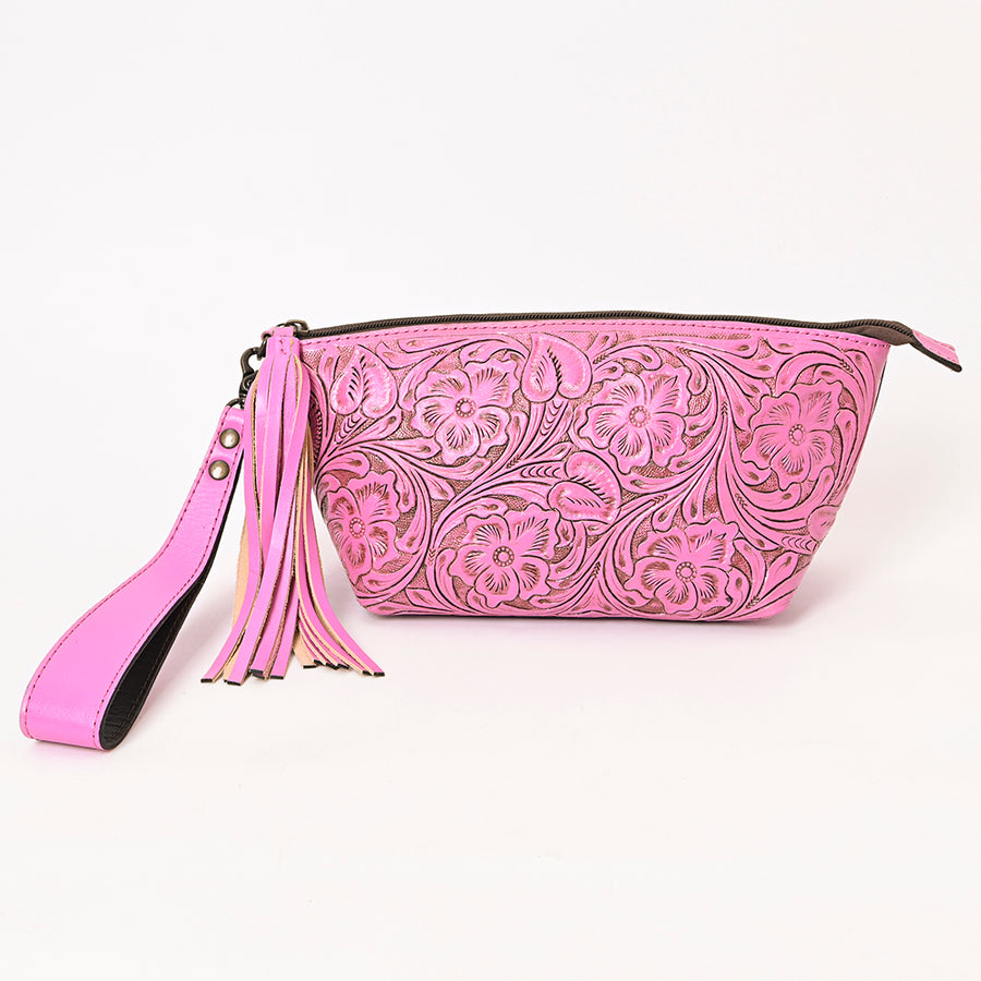 American Darling Western Hand-Tooled Leather Wristlet Bag – Genuine Floral Carved Women’s Clutch with Fringe Strap