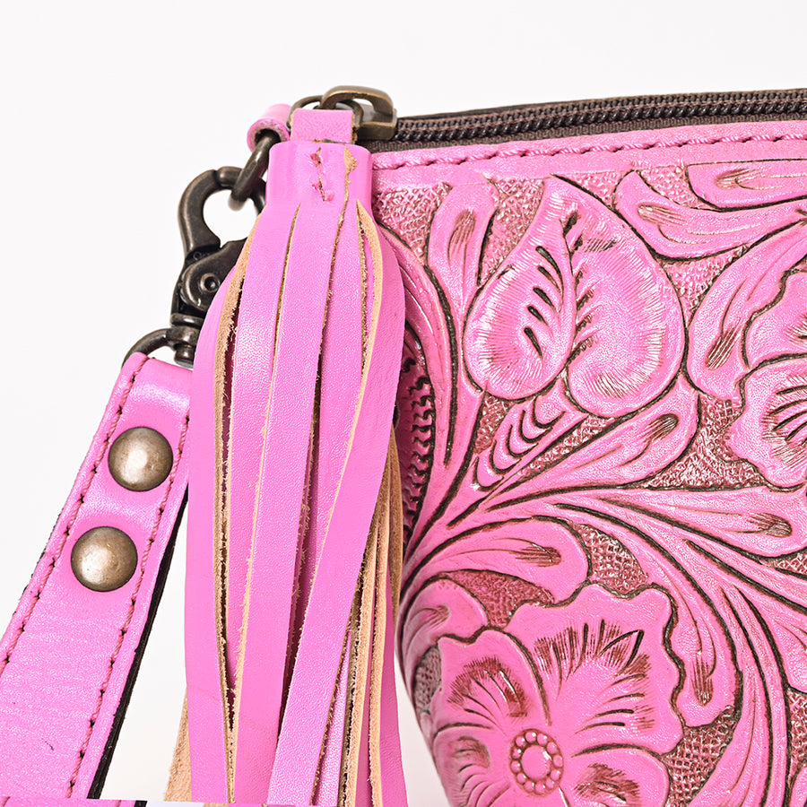American Darling Western Hand-Tooled Leather Wristlet Bag – Genuine Floral Carved Women’s Clutch with Fringe Strap