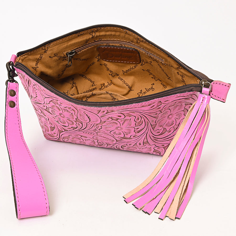 American Darling Western Hand-Tooled Leather Wristlet Bag – Genuine Floral Carved Women’s Clutch with Fringe Strap
