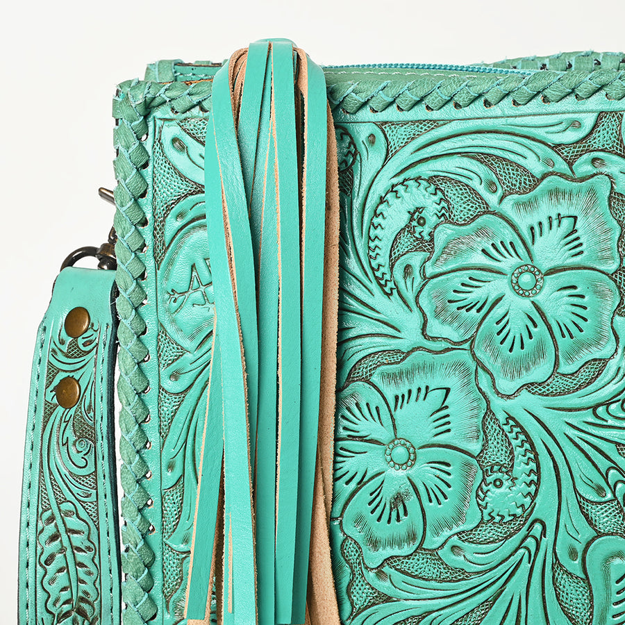 American Darling Western Hand-Tooled Leather Crossbody Bag – Genuine Floral Carved Women’s Purse with Strap and Fringe Detail
