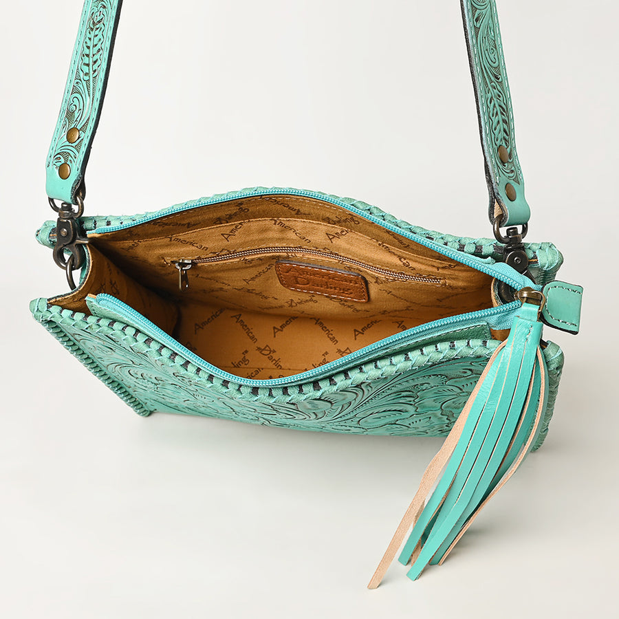 American Darling Western Hand-Tooled Leather Crossbody Bag – Genuine Floral Carved Women’s Purse with Strap and Fringe Detail