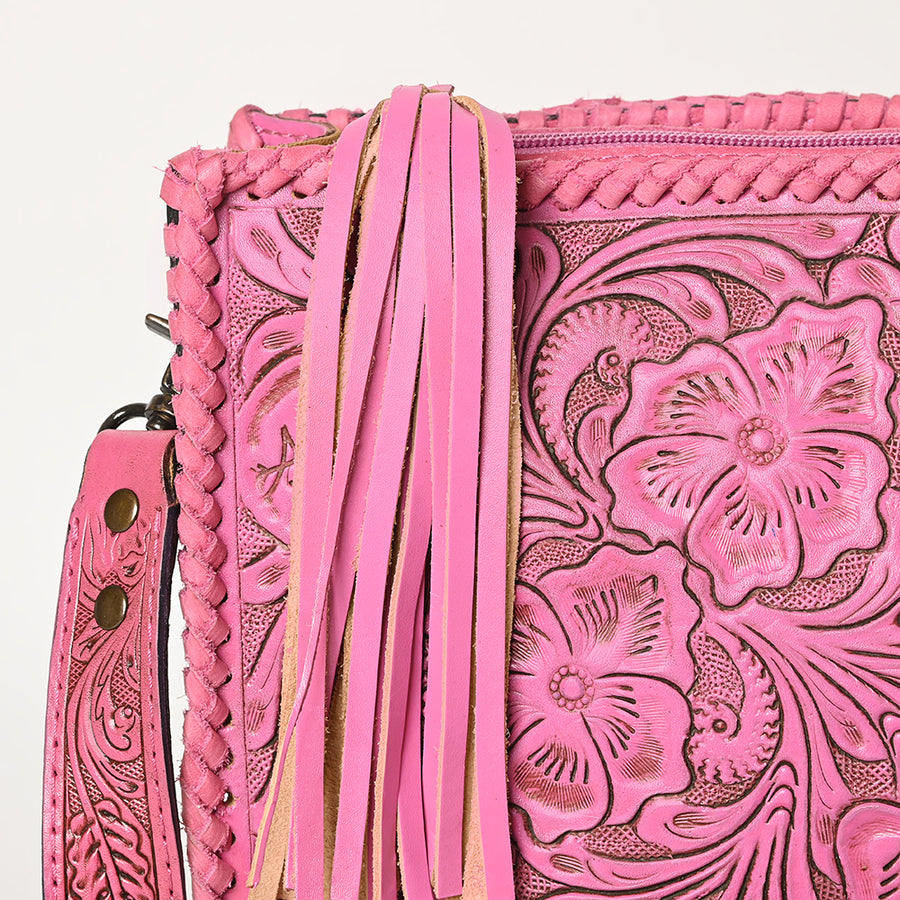 American Darling Western Hand-Tooled Leather Crossbody Bag – Genuine Floral Carved Women’s Purse with Strap and Fringe Detail