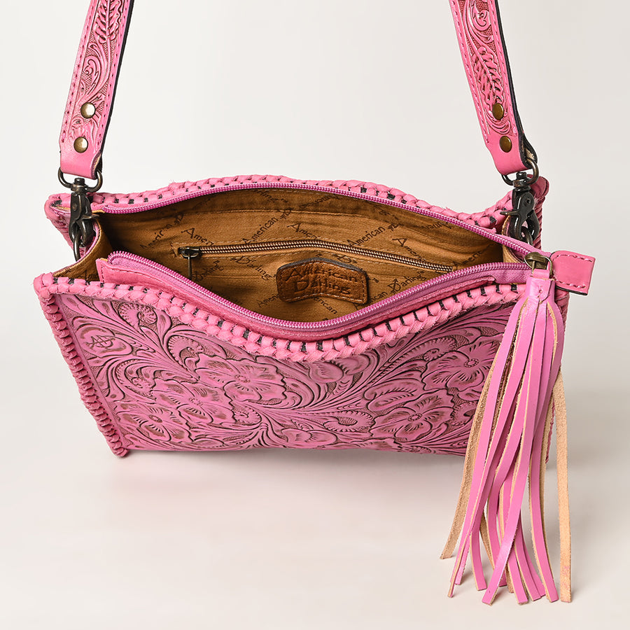 American Darling Western Hand-Tooled Leather Crossbody Bag – Genuine Floral Carved Women’s Purse with Strap and Fringe Detail