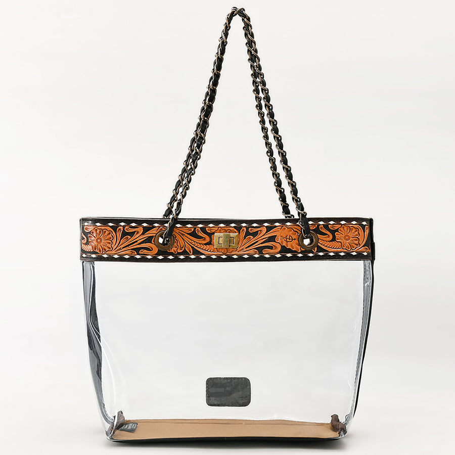 American Darling Western Clear Tote Bag – Hand-Tooled Genuine Leather Trim, Stadium-Approved, Lightweight Everyday Western Tote