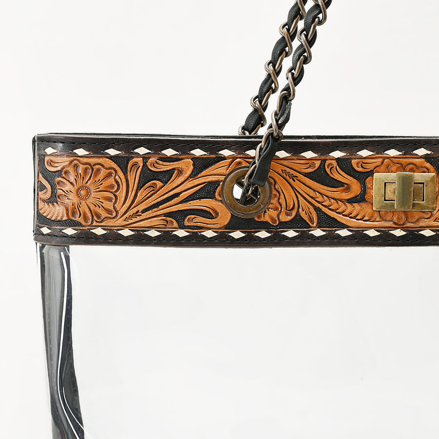 American Darling Western Clear Tote Bag – Hand-Tooled Genuine Leather Trim, Stadium-Approved, Lightweight Everyday Western Tote
