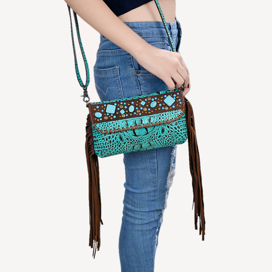 American Darling Wallet Handbag – Crocodile Embossed Genuine Leather, Fringe Details, Western Stone Accents, Compact Western Purse
