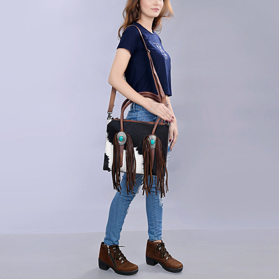 American Darling Hair-On Cowhide Western Leather Tote Bag with Fringe, Genuine Leather Shoulder Tote, Everyday Carry Bag