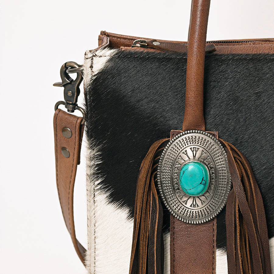 American Darling Hair-On Cowhide Western Leather Tote Bag with Fringe, Genuine Leather Shoulder Tote, Everyday Carry Bag