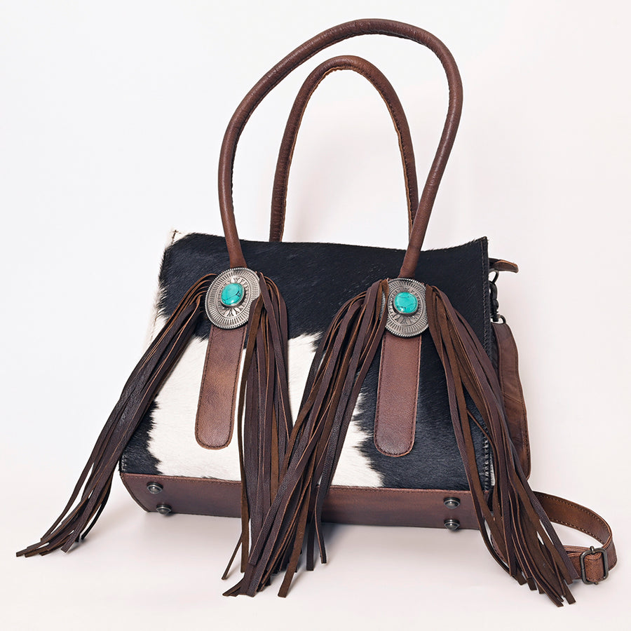 American Darling Hair-On Cowhide Western Leather Tote Bag with Fringe, Genuine Leather Shoulder Tote, Everyday Carry Bag