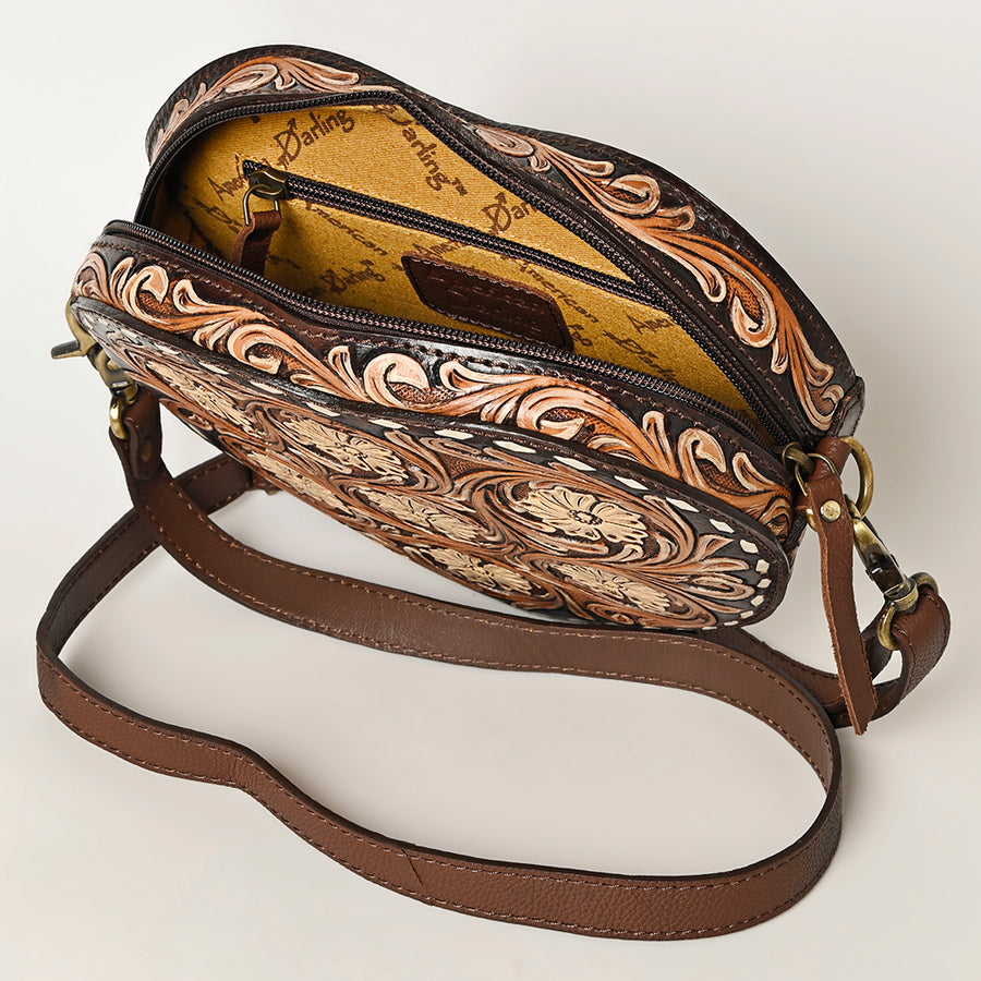 American Darling Hand Tooled Floral Carved Canteen Bag Vegetable-Tanned Genuine Leather Western Crossbody with YKK Zipper