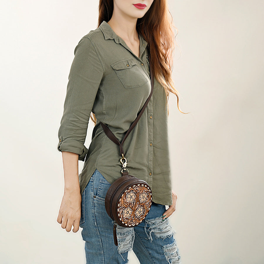 American Darling Hand Tooled Floral Carved Canteen Bag Vegetable-Tanned Genuine Leather Western Crossbody with YKK Zipper