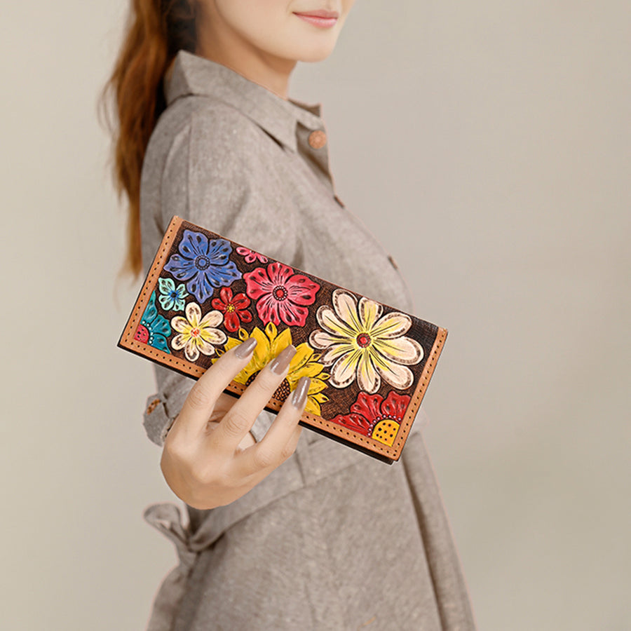 American Darling Hand Tooled Floral Carved Leather Clutch Bag Eco-Friendly Vegetable-Tanned Genuine Leather Western Wallet