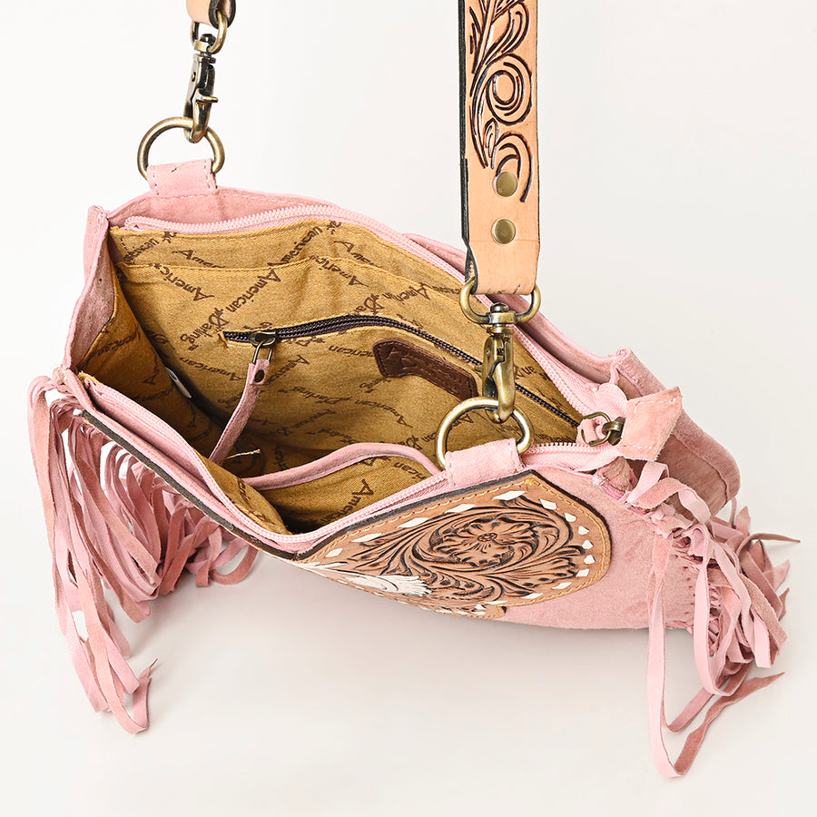American Darling Suede Leather Fringe Hand Tooled Floral Carved Large Cross body Bag Genuine Western Leather YKK Zipper