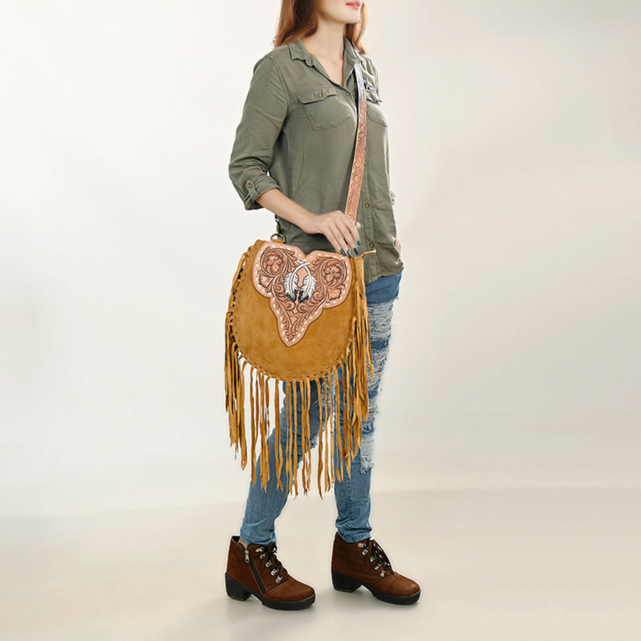 American Darling Suede Leather Fringe Hand Tooled Floral Carved Large Cross body Bag Genuine Western Leather YKK Zipper