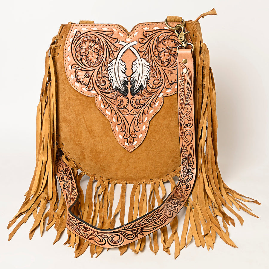 American Darling Suede Leather Fringe Hand Tooled Floral Carved Large Cross body Bag Genuine Western Leather YKK Zipper